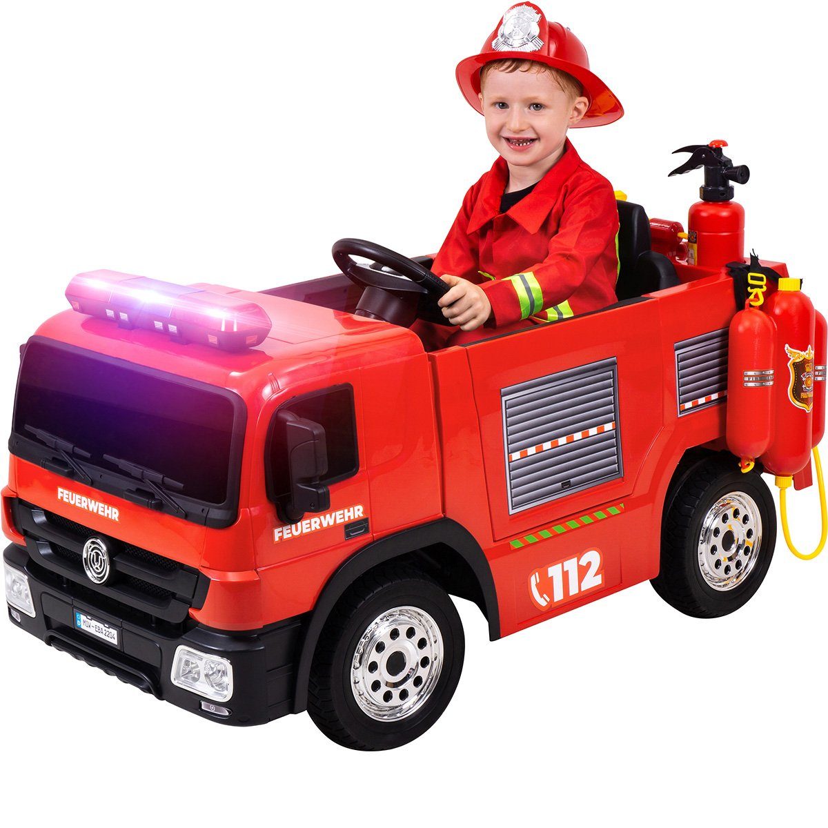 Actionbikes Motors Caminhão de Bombeiros Elétrico Infantil SX1818 - Controle Remoto - Lançador de Água, Capacidade de Peso de 40 kg (Conjunto de 4 peças), Brinquedo Infantil para Crianças a partir de 3 Anos, Elétrico - Sirene e Bluetooth
