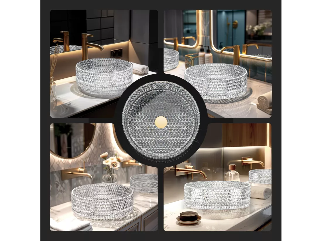 EMKE Vasque à Poser Ronde, 360 x 360 x 112 mm, Lavabo en Verre Transparent, Design Montage sur Comptoir
