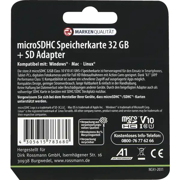 microSDHC Speicherkarte 32 GB + SD Adapter