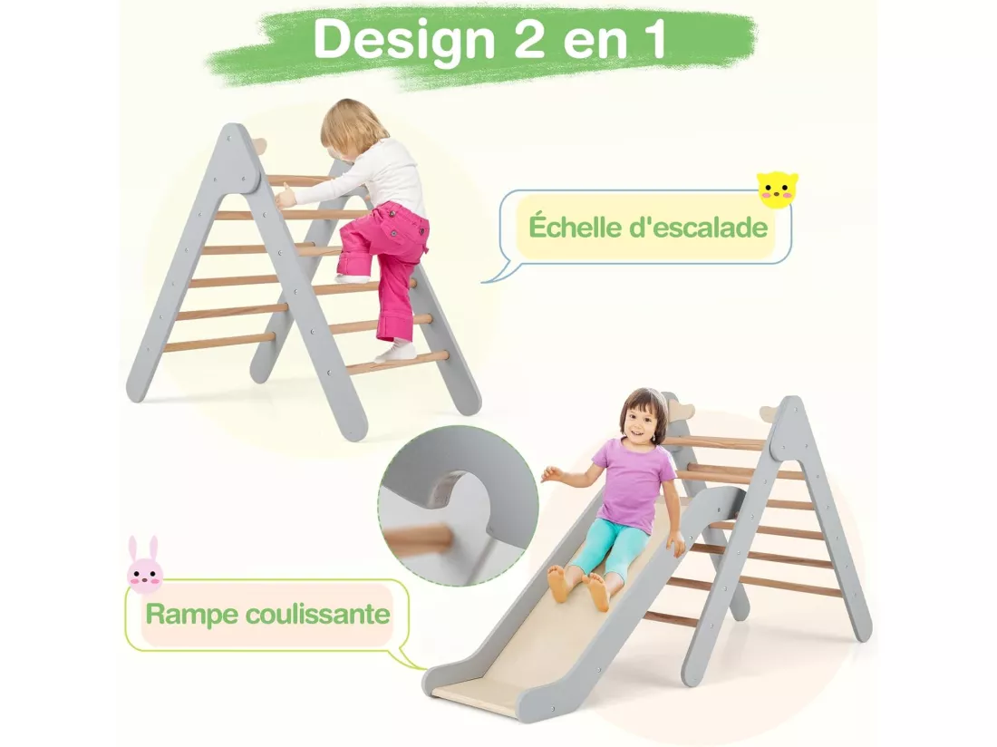2 en 1 Triangle d'escalade Montessori Enfant avec Toboggan, Echelle d’Escalade en Bois avec Hauteur Réglable, Jouet d'escalade pour Chambre Salle de Jeux, Charge 60kg pour Enfants de 1 an+