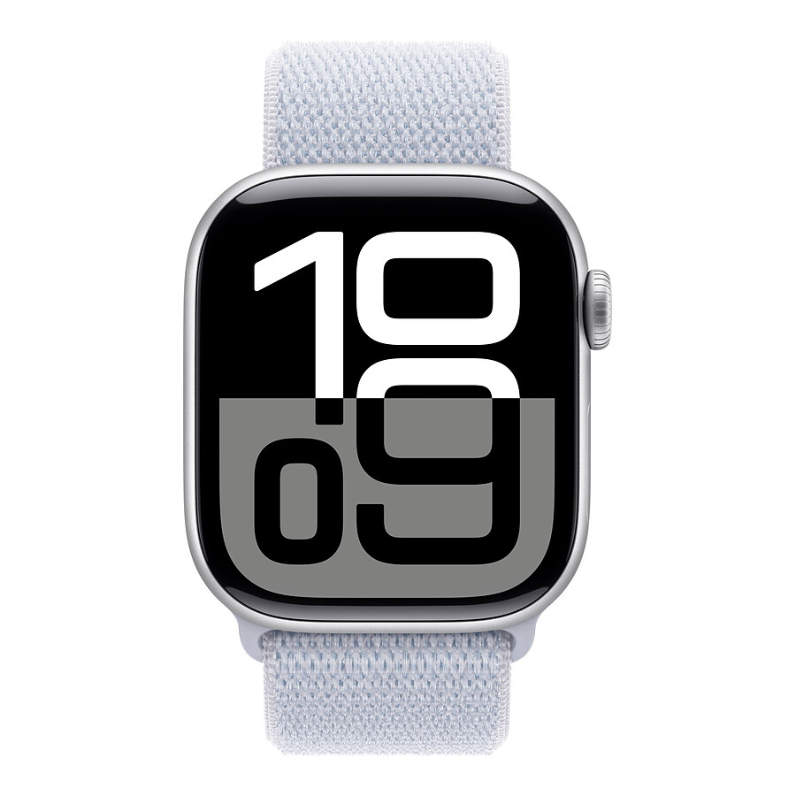 Apple Watch Series 10 GPS - Aluminium Argent - Bracelet Sport Textile Nuée Bleue - 42 mm