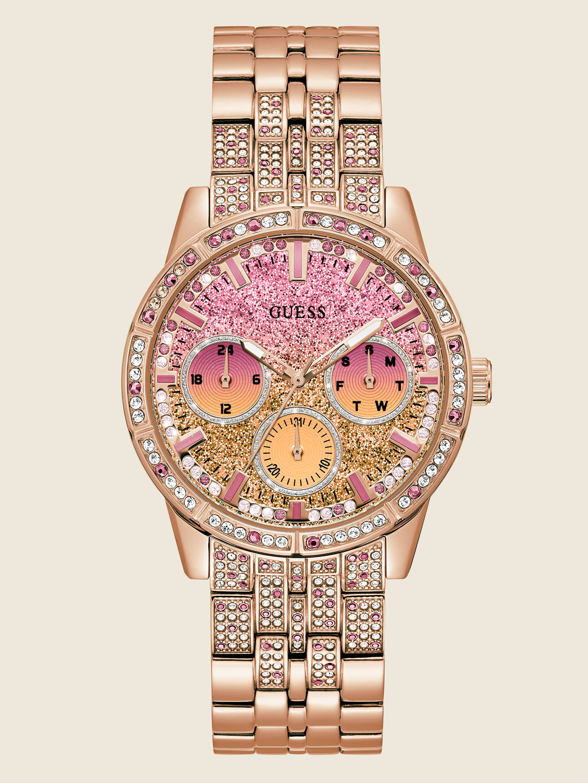 Relógio multifuncional em tom de ouro rosa