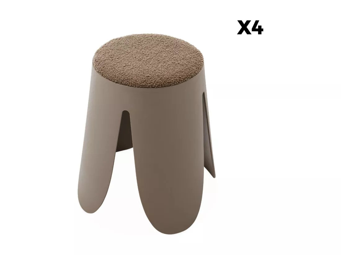 Set de 4 tabourets empilables marrons. bouclette texturée. NIKI. Ø30 / 44 x H46cm