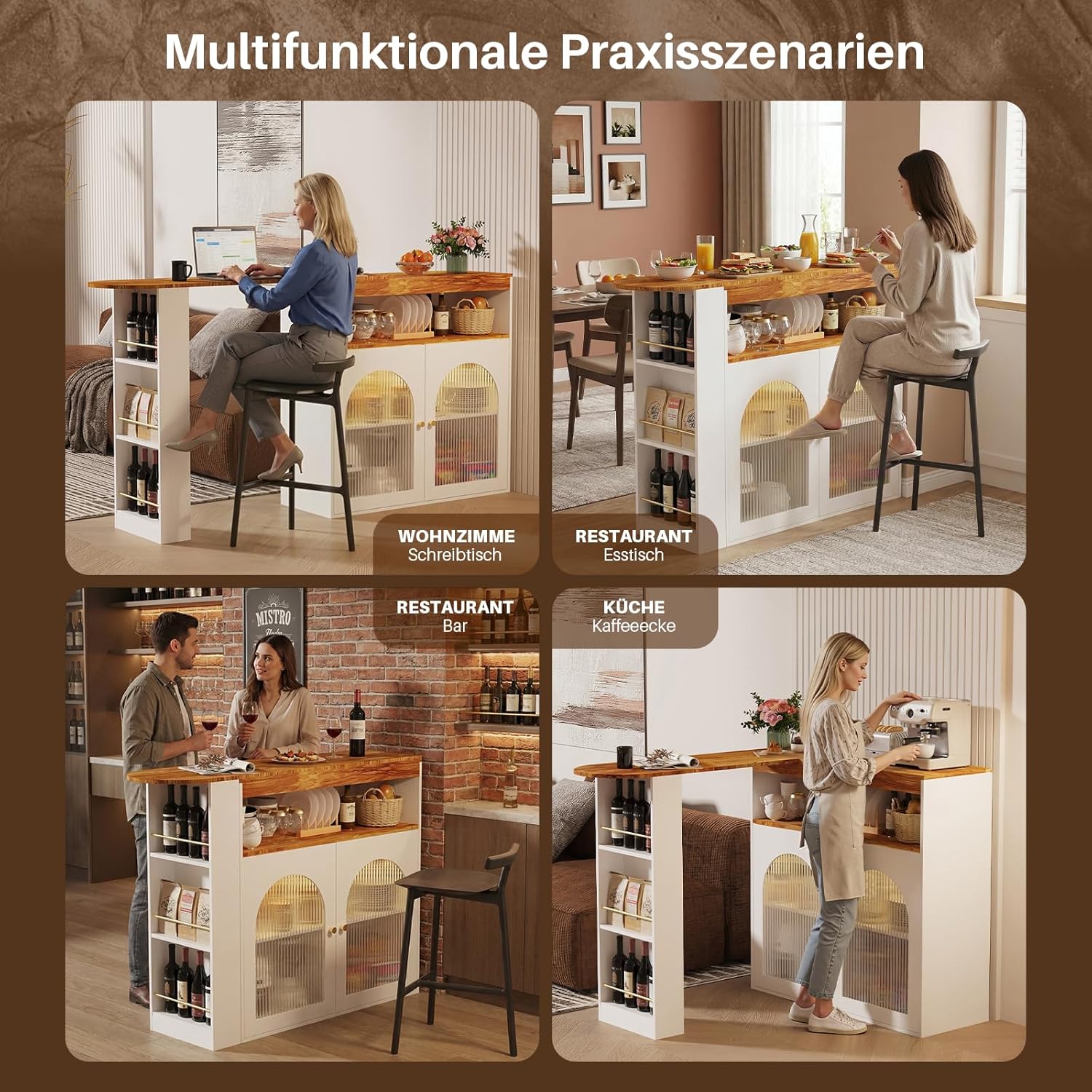 Ausziehbarer Bartisch 138–193 cm mit Stauraum, Drehbarer Stehtisch & Esstisch, Bistrotisch für Esszimmer und Küche, mit LED Beleuchtung, Weiß