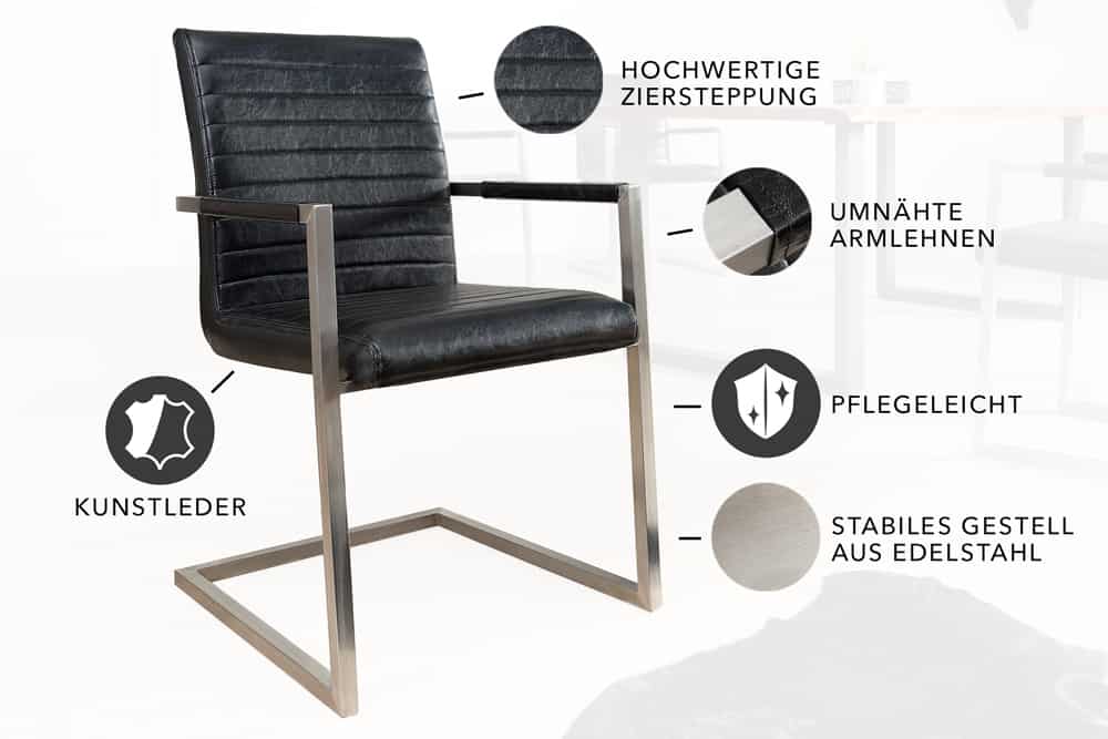 Industrial Freischwinger Stuhl LOFT antik schwarz Kunstleder mit Armlehne Edelstahl