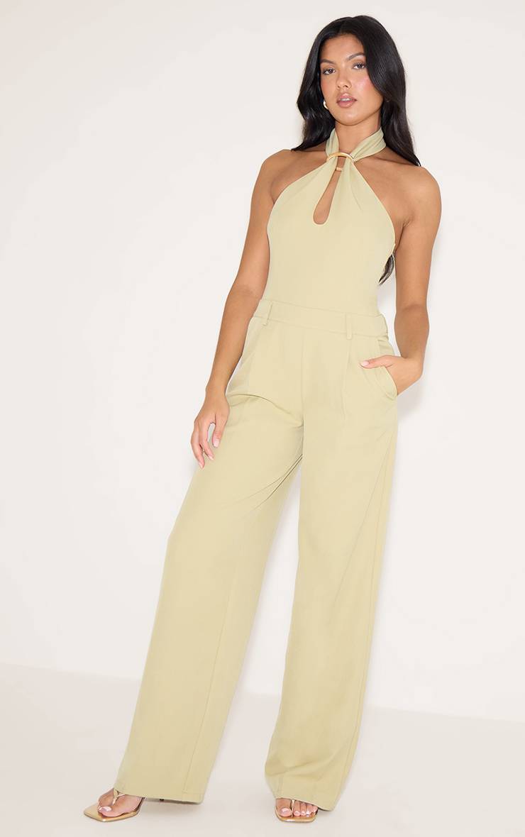 Beige Combinaison Pantalon Large Chocolat Col Licou Avec Finitions