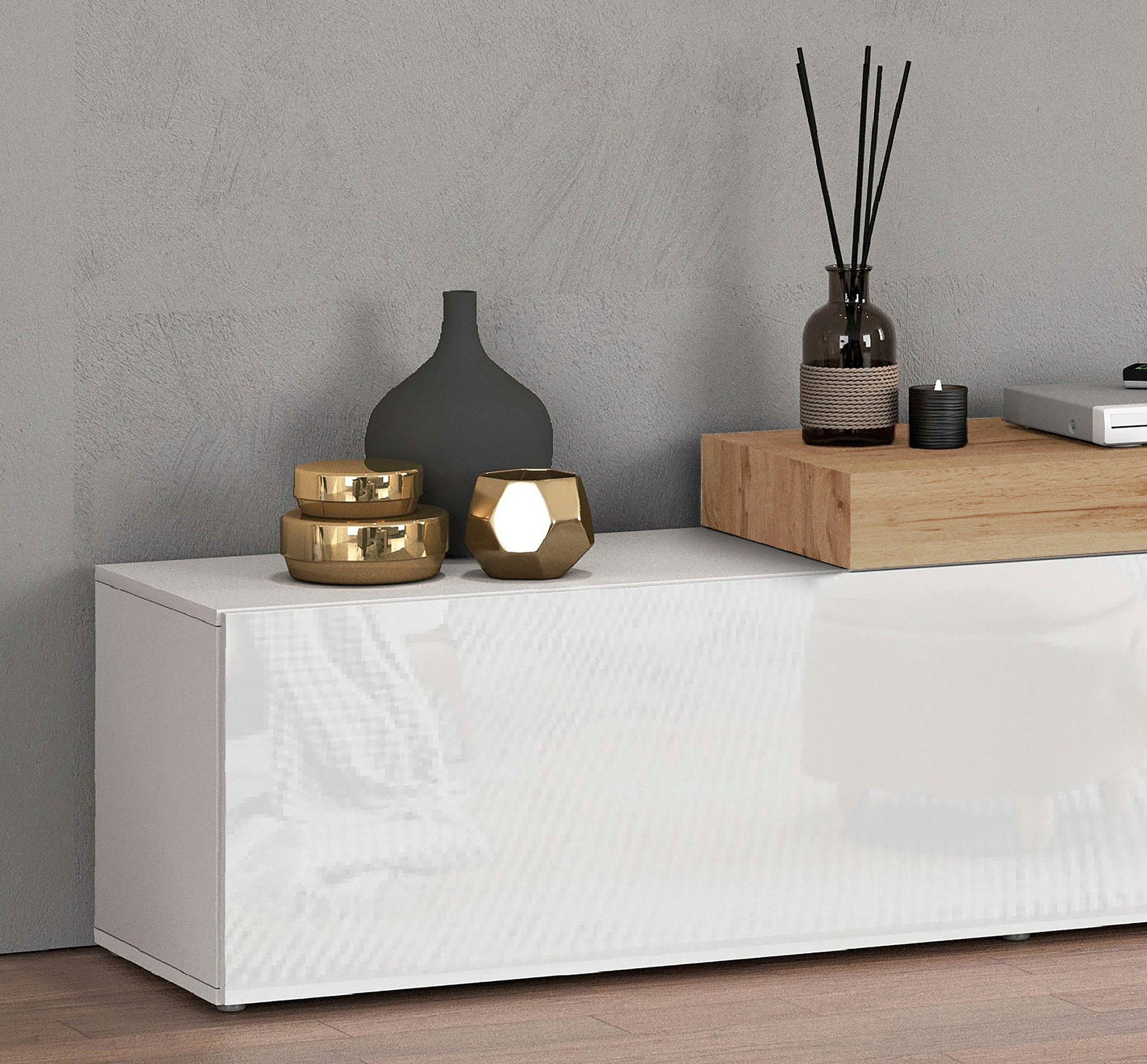 INOSIGN Lowboard »Chronos TV-Board, TV-Schrank« Breite verstellbar von 180 bis 260 cm, 1 Stk. tlg. Breite 220 cm TV-Board,Lowboard,1 Klappe und ein L-Förmiger Aufsatz