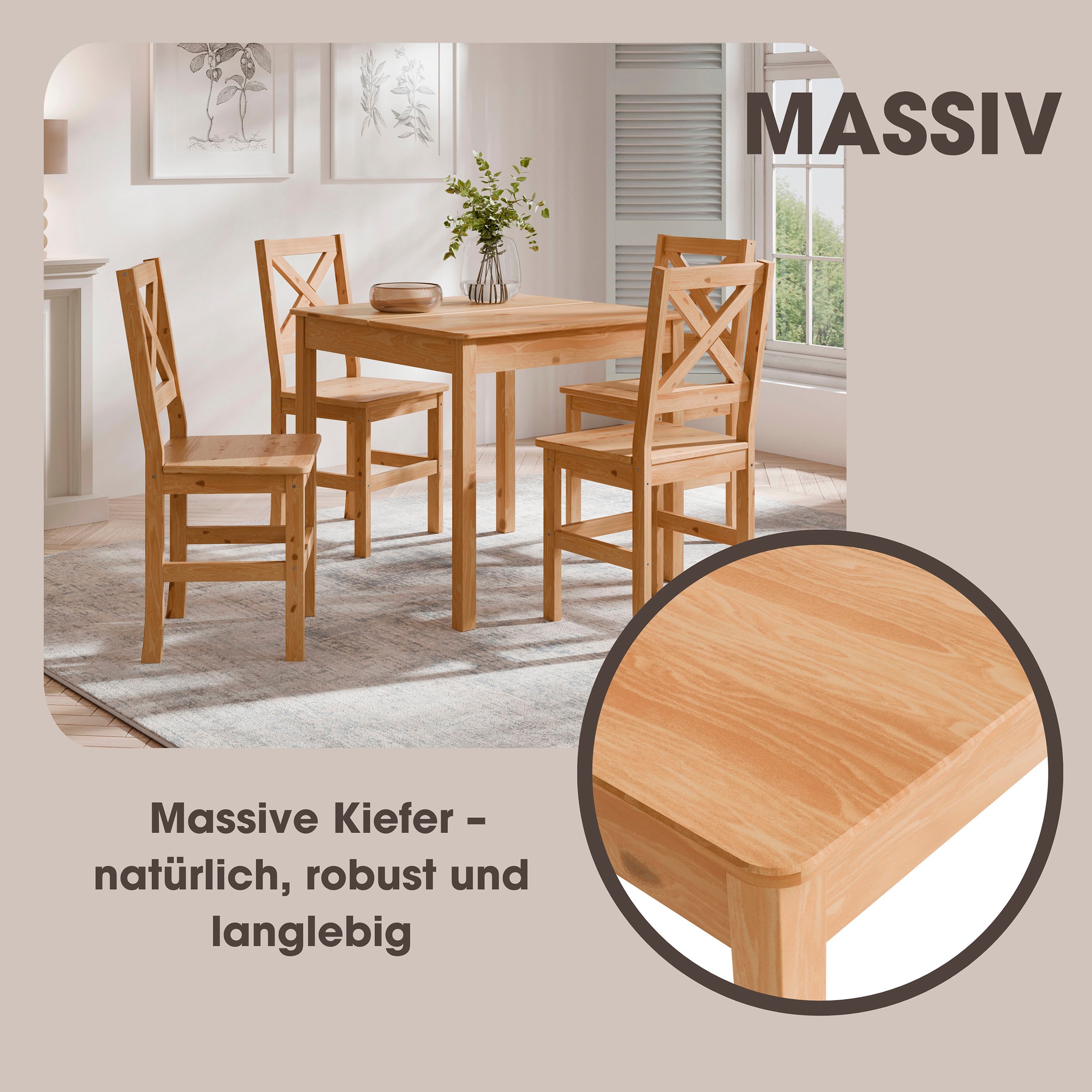 Home affaire Essgruppe »Malmö« Set, 5 Stk. tlg. bestehend aus Tisch und Stühlen in Kiefer Massivholz naturfarbig