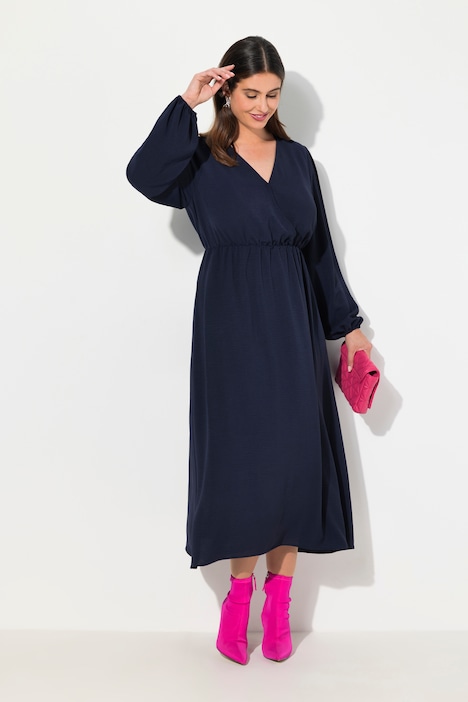 Midikleid, Wickeloptik, A-Linie, V-Ausschnitt, Langarm