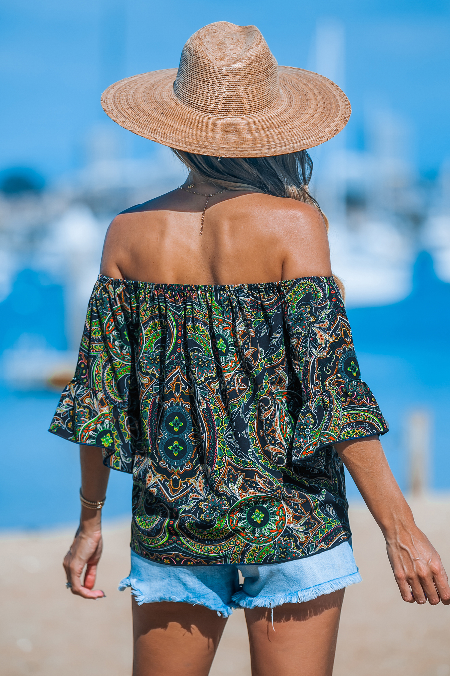 Blouse avec taille à nouer et épaules dénudées paisley