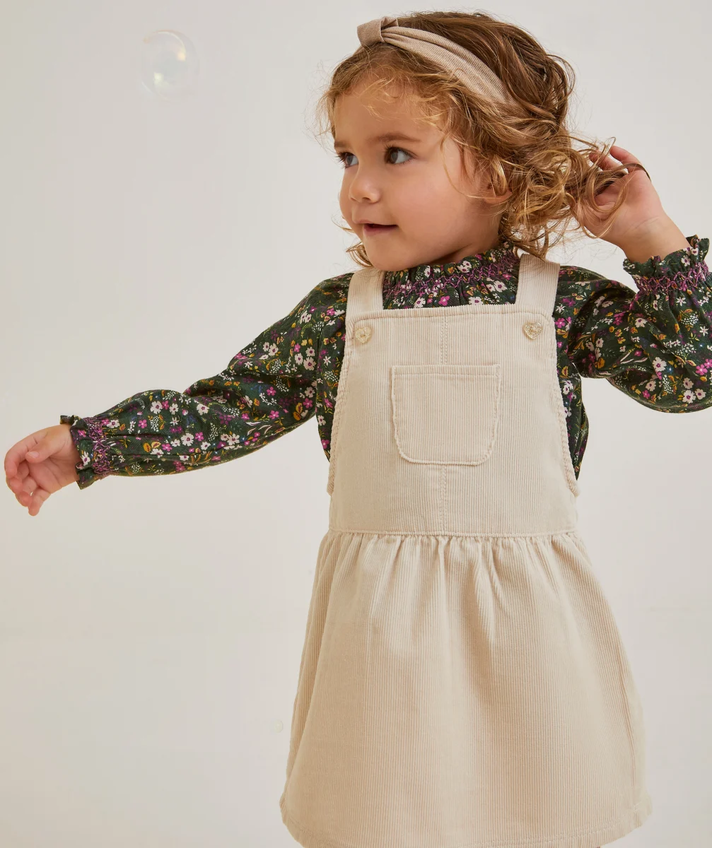 ROBE SALOPETTE BÉBÉ FILLE EN VELOURS ÉCRUE CÔTELÉE