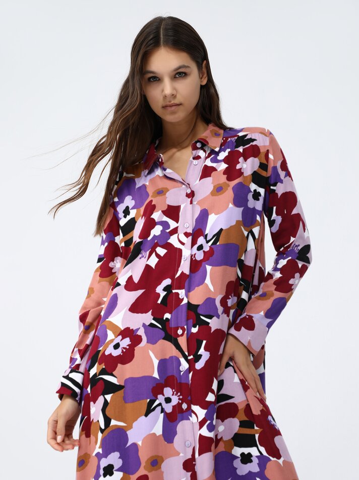 Vestido longo estampado estilo camisa - Lilás