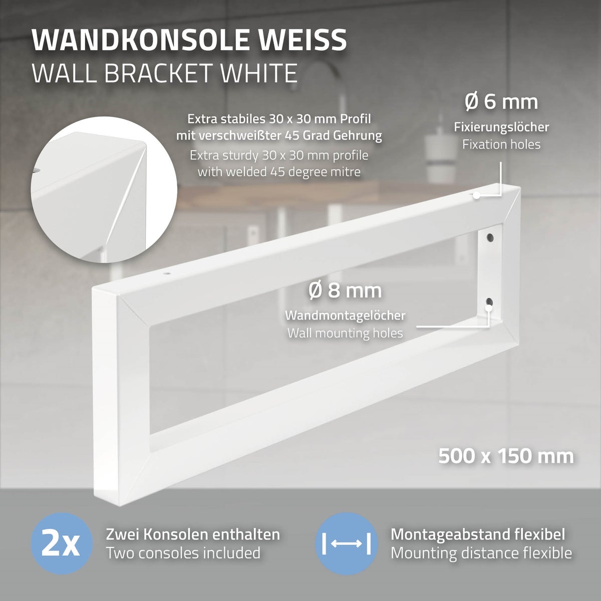 ML-Design 2-delige set wandconsole voor wastafel, 500x150 mm, wit, staal, design wastafelconsole, wandconsole onderkastmontage, consoledrager, plankdrager, handdoekhouder