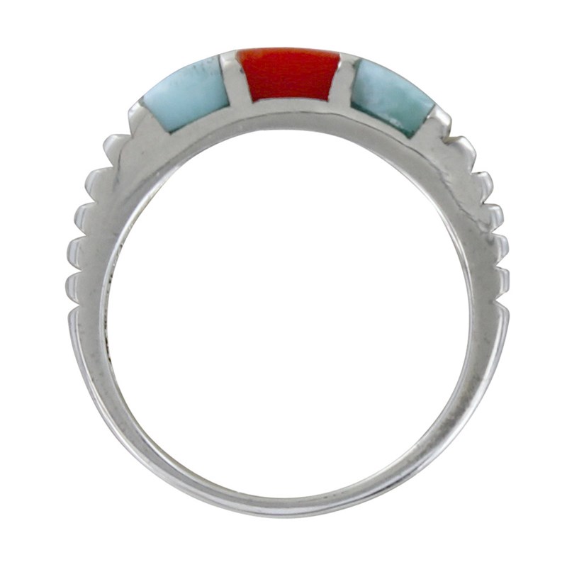 Bague Argent Deux Carrés de Larimar et Un Carré en Corail Rouge