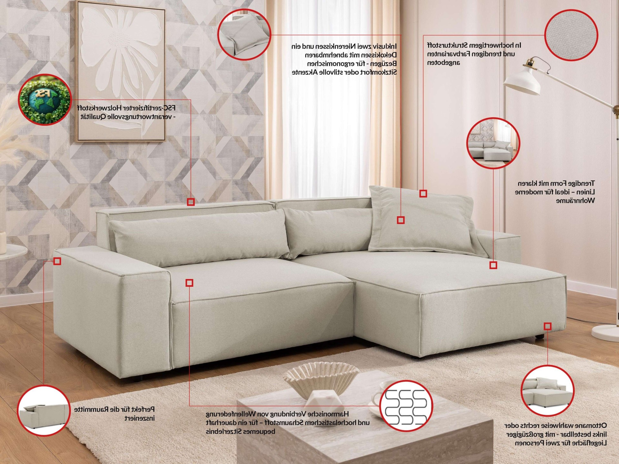 GOODproduct Ecksofa »KINLEE Design-Sofa mit Recamiere rechts/links, Masse B/T/H 251/144/70cm« L-Form mit Wellenunterfederung, ohne Bettfunktion, modern und beguem