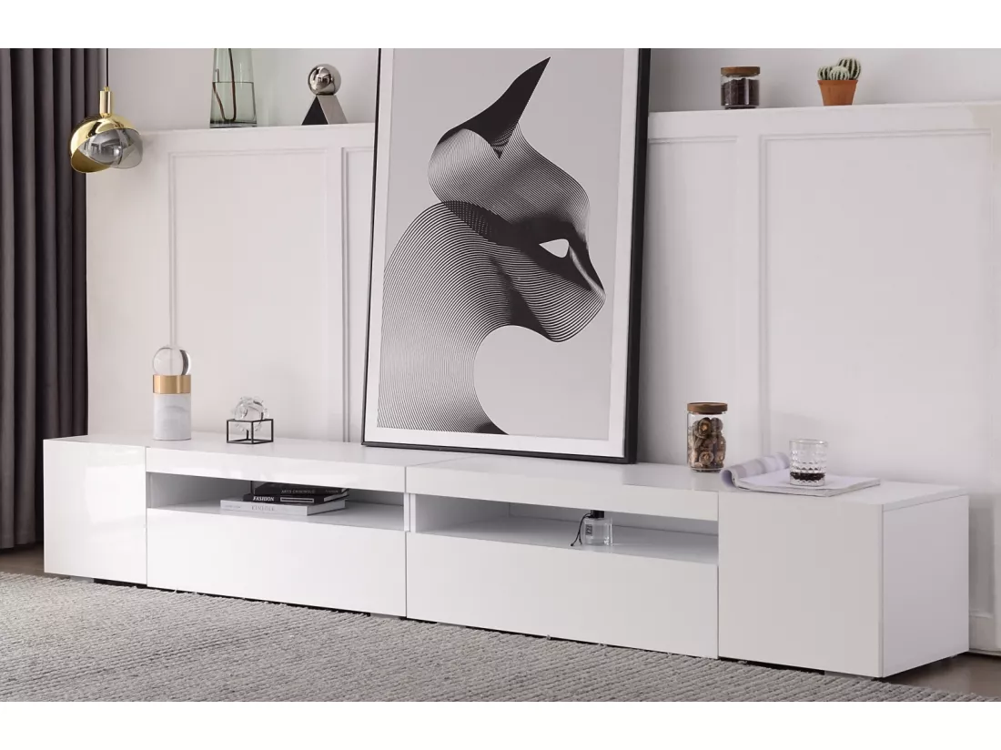 Meuble TV moderne blanc, panneau lumineux, éclairage LED variable, salon et salle à manger 240cm (panneau brillant, pas brillant)
