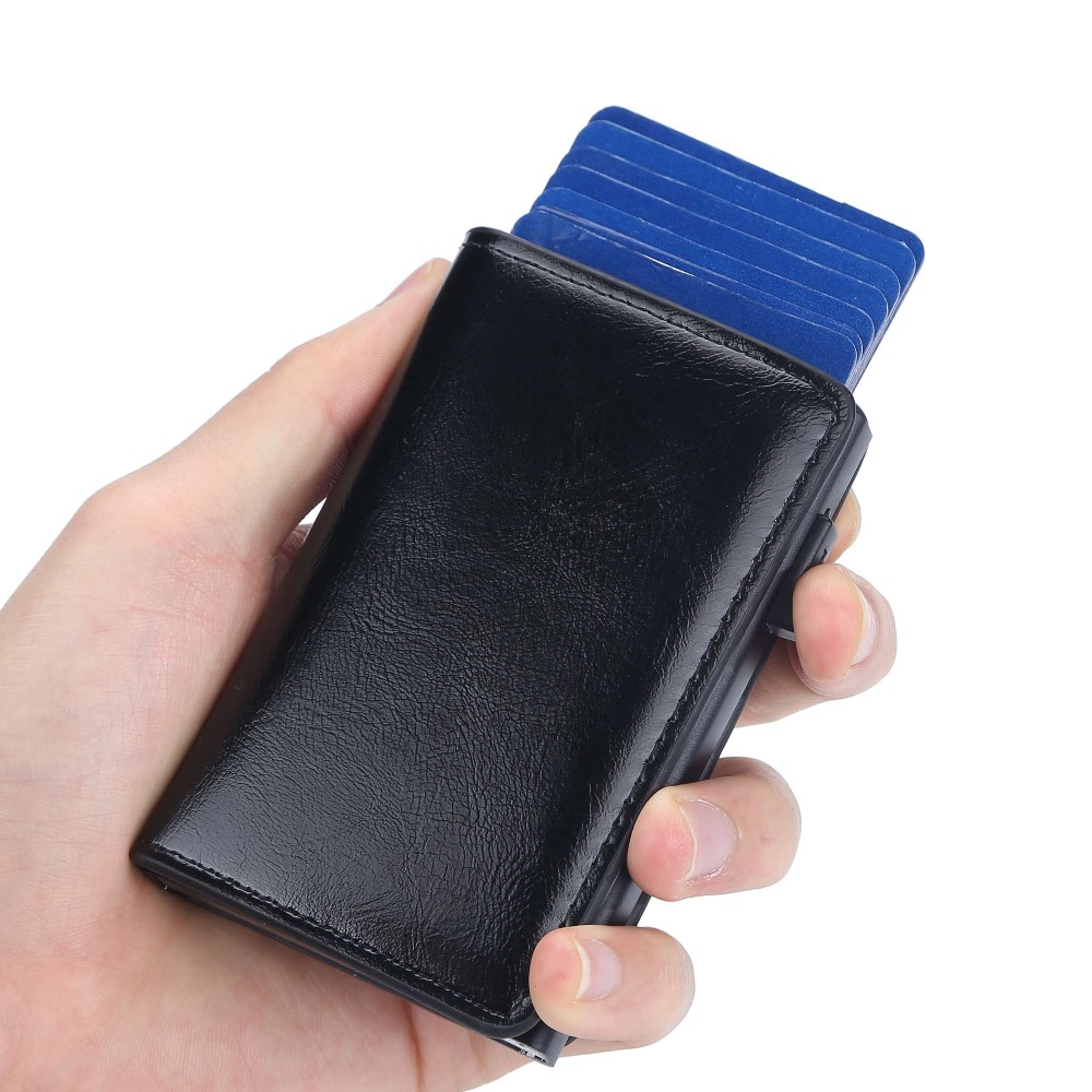 Mini Kreditkarten Leder Etui Geldbörse mit Kartenauswurf-Mechanismus für 10 Karten (RFID Schutz) - Schwarz