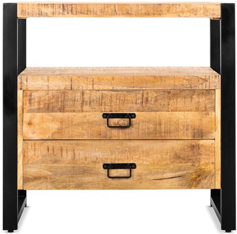 Mangoe - Nachtkastje - Bijzettafel - Industrieel Design - Mangohout en Staal - 2 Lades