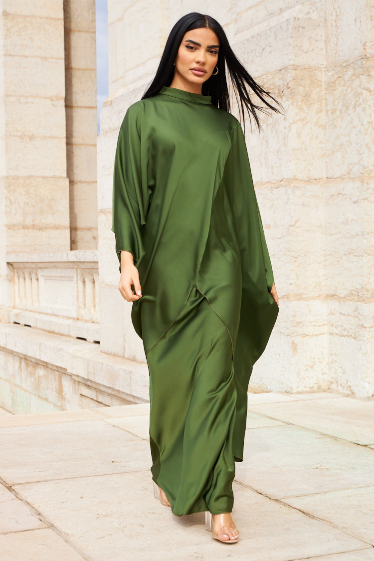 Ensemble 2 pièces tunique + jupe longue satiné kaki