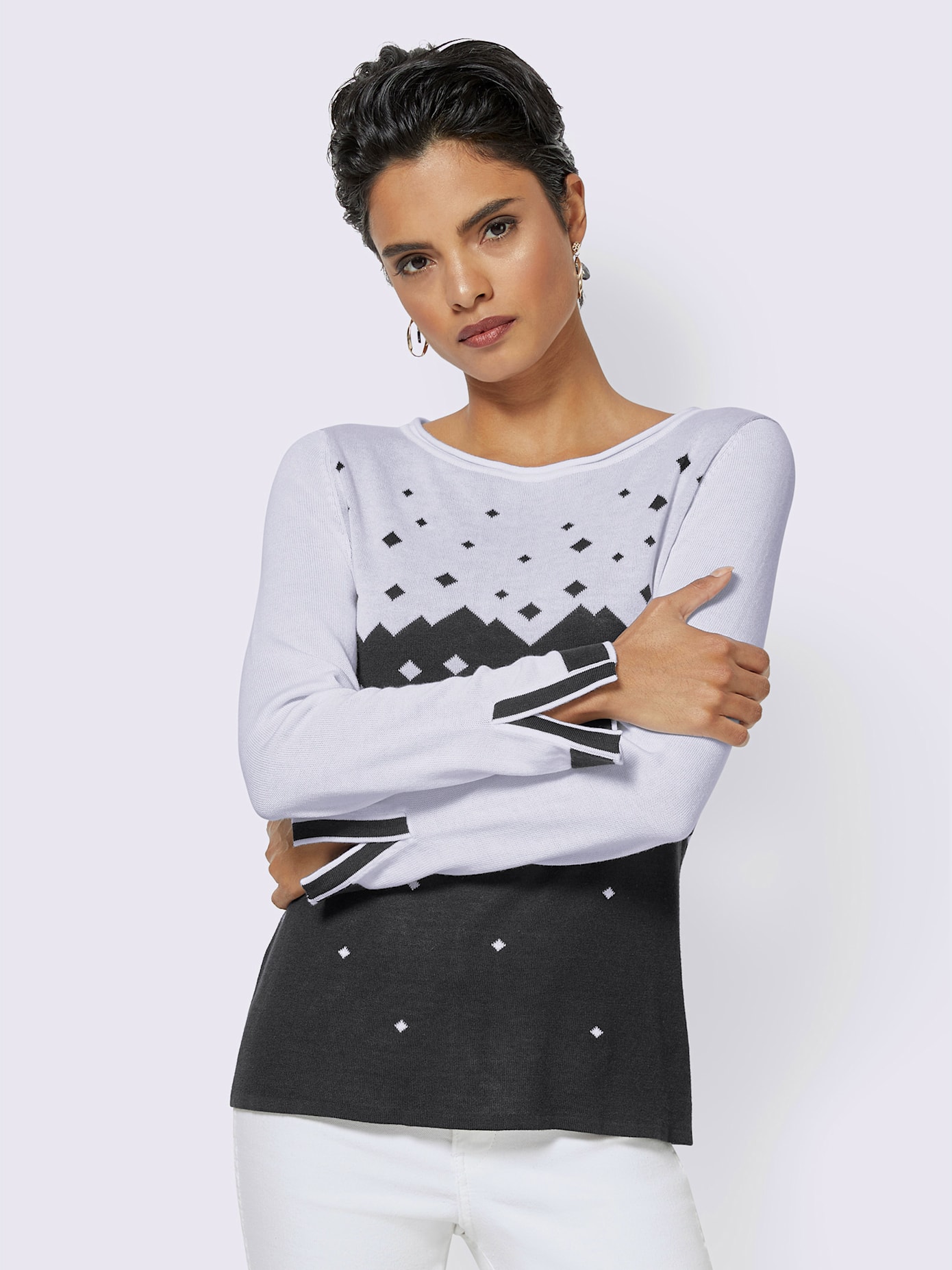 Pull motif jacquard couleur contrastée manches fendues col rond
