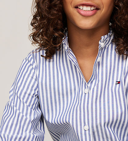 Tommy Hilfiger Bluse - Ruffle Kragen - Mid Blue/Optik White