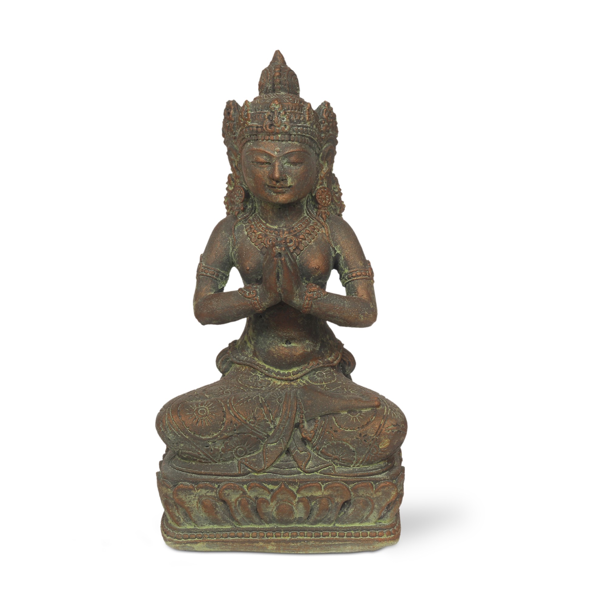 Zement-Statue 'Göttin Tara sitzend', antik kupfer, H 34 cm, B 16 cm, L 14 cm von fischer's lagerhaus