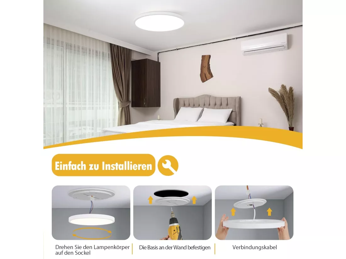NETTLIFE Plafonnier LED plafonnier salle de bain - Lampe salle de bain Ø30cm plat rond 18W IP44