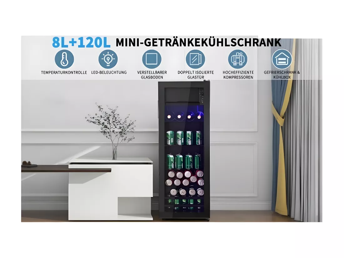 Réfrigérateur 128L Mini-Kühlschrank, 8L-Gefrierschrank + 120L-Kühlschrank