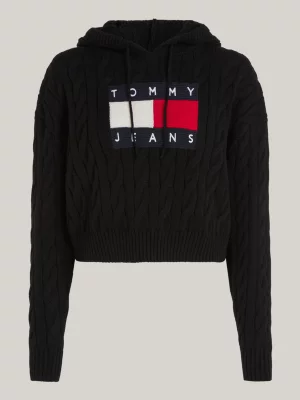 Moletom cropped com capuz e emblema de bandeira em tricô