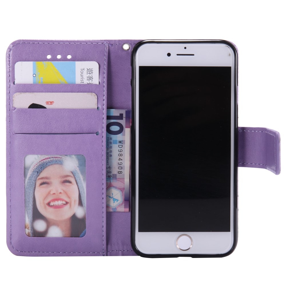 iPhone SE (2022/2020) / 8 / 7 / 6S Leder Tasche Wallet - Mandala Flowers Imprint - Lila