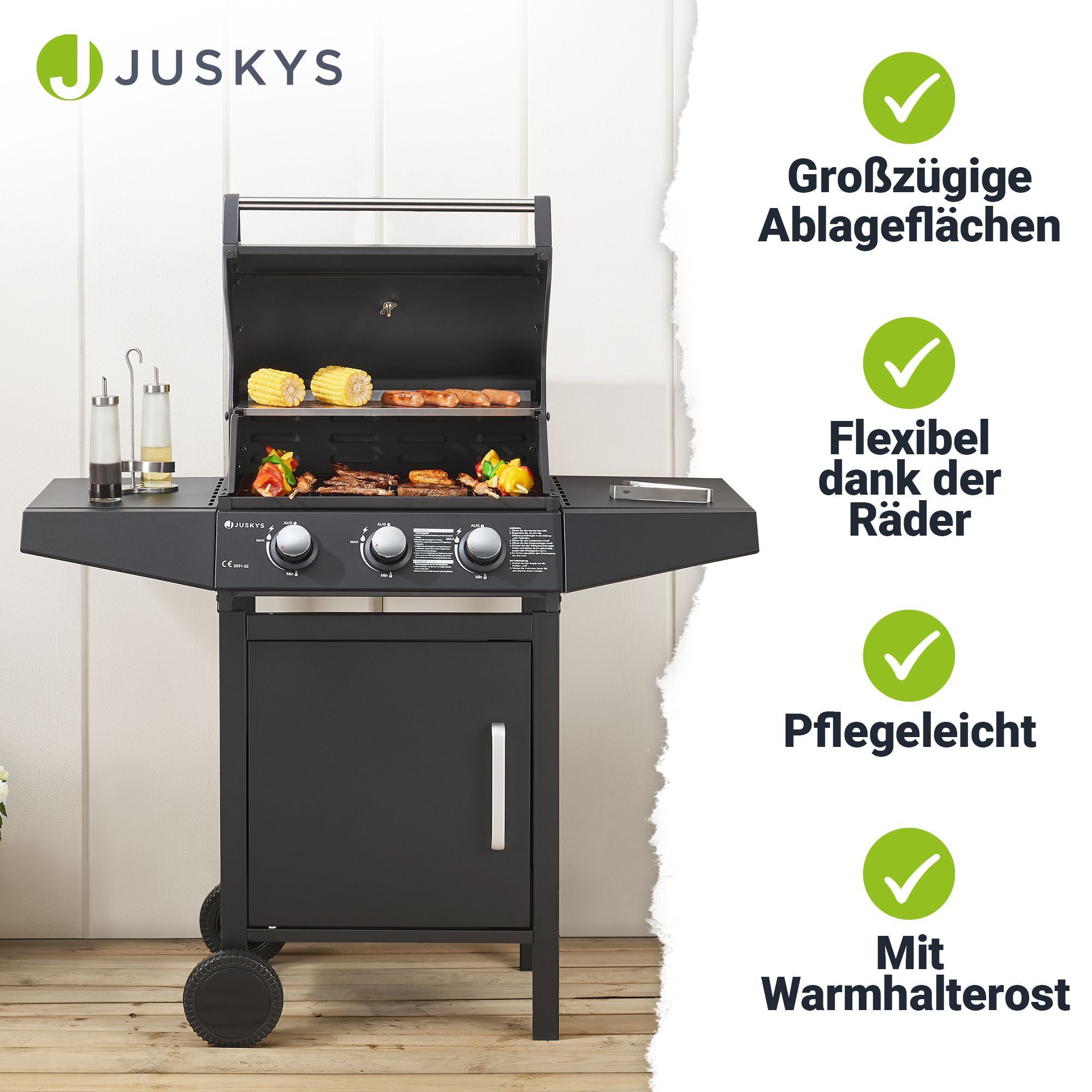 Juskys BBQ Gas-Grill Louisiana, 3 Brenner Grillrost, Deckel mit Thermometer