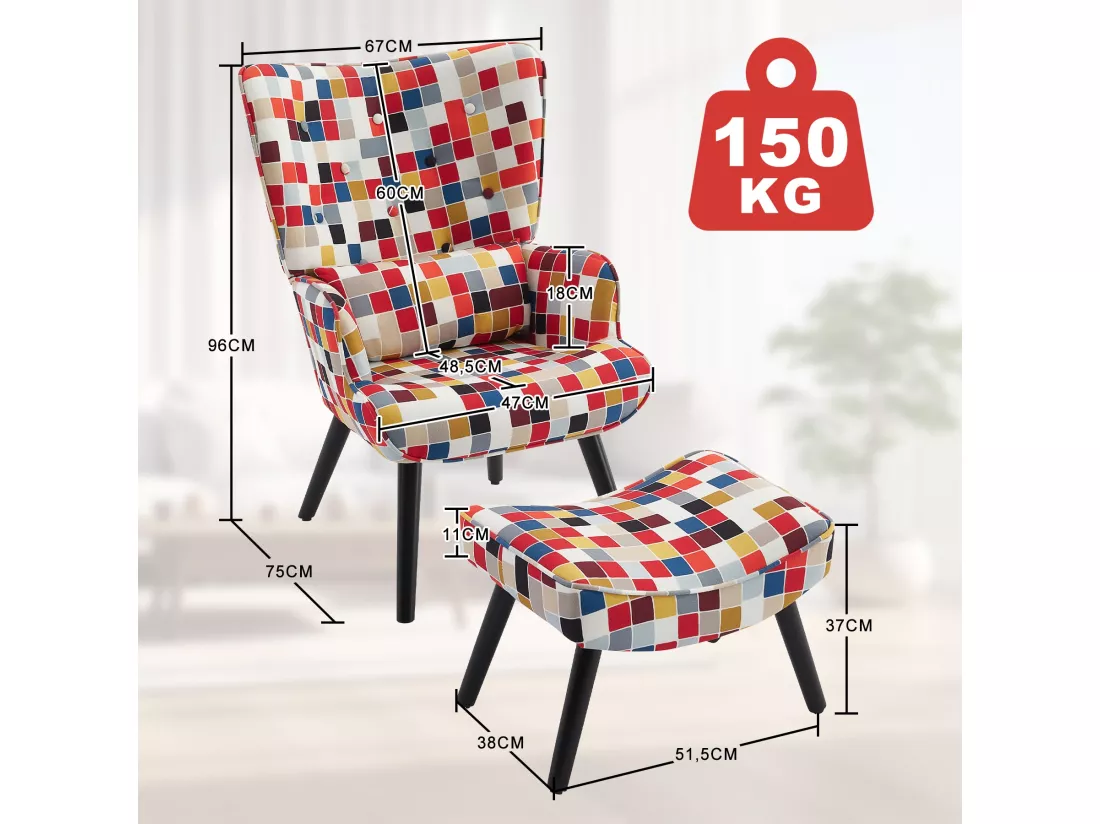 Fauteuil HomeMiYN avec Coussin et Tabouret - Chaise d'Angle Rustique pour le Salon