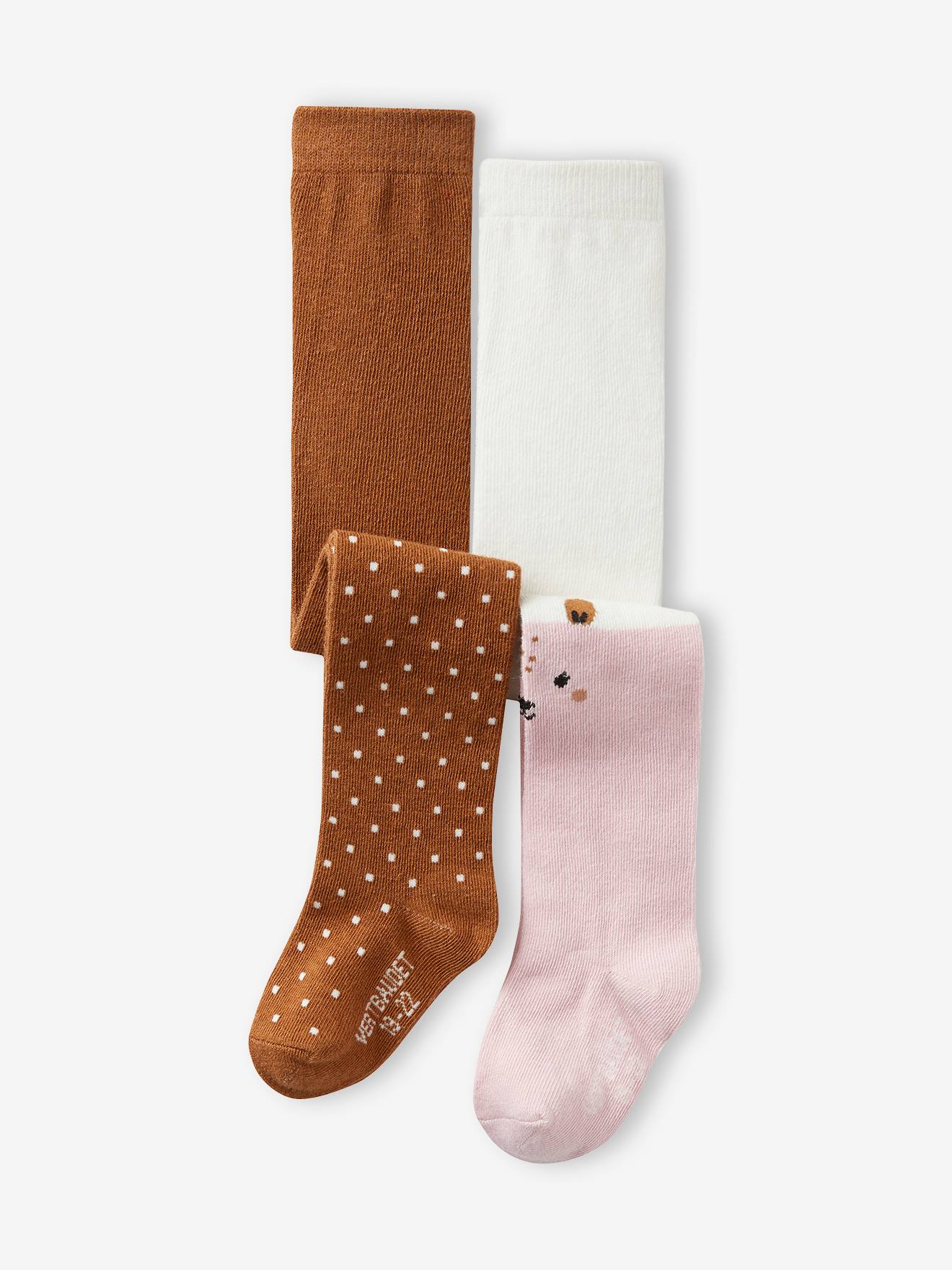 Conjunto com 2 pares de meias-calças de bolinhas/estampa animal para bebê menina, cor avelã