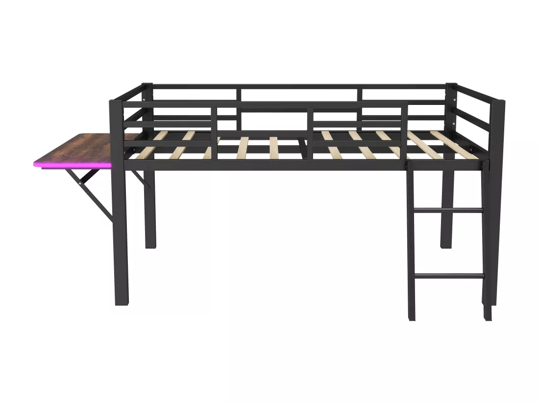 Lit plat en métal 90 x 200 cm, rails, échelle, bureau, télécommande Bande LED, noir