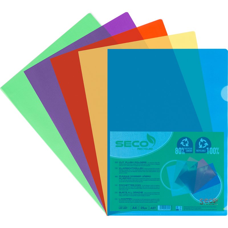 Chemise coin plastique SECO A4 polypropylène 12/100e couleurs assorties - Paquet de 25