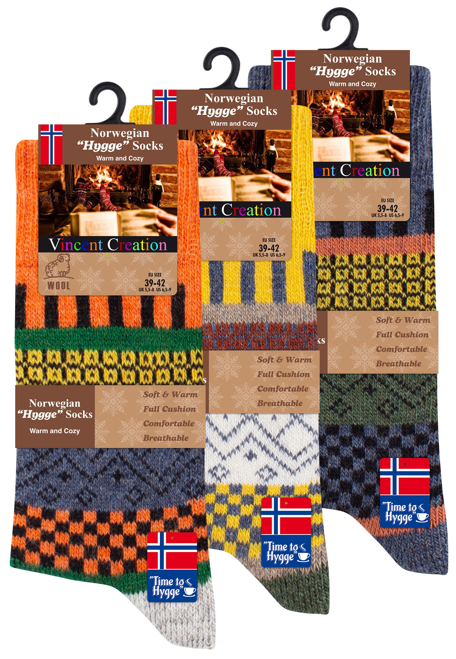 Vincent Creation® 3 Paar Bunte Norwegersocken Hygge Socken