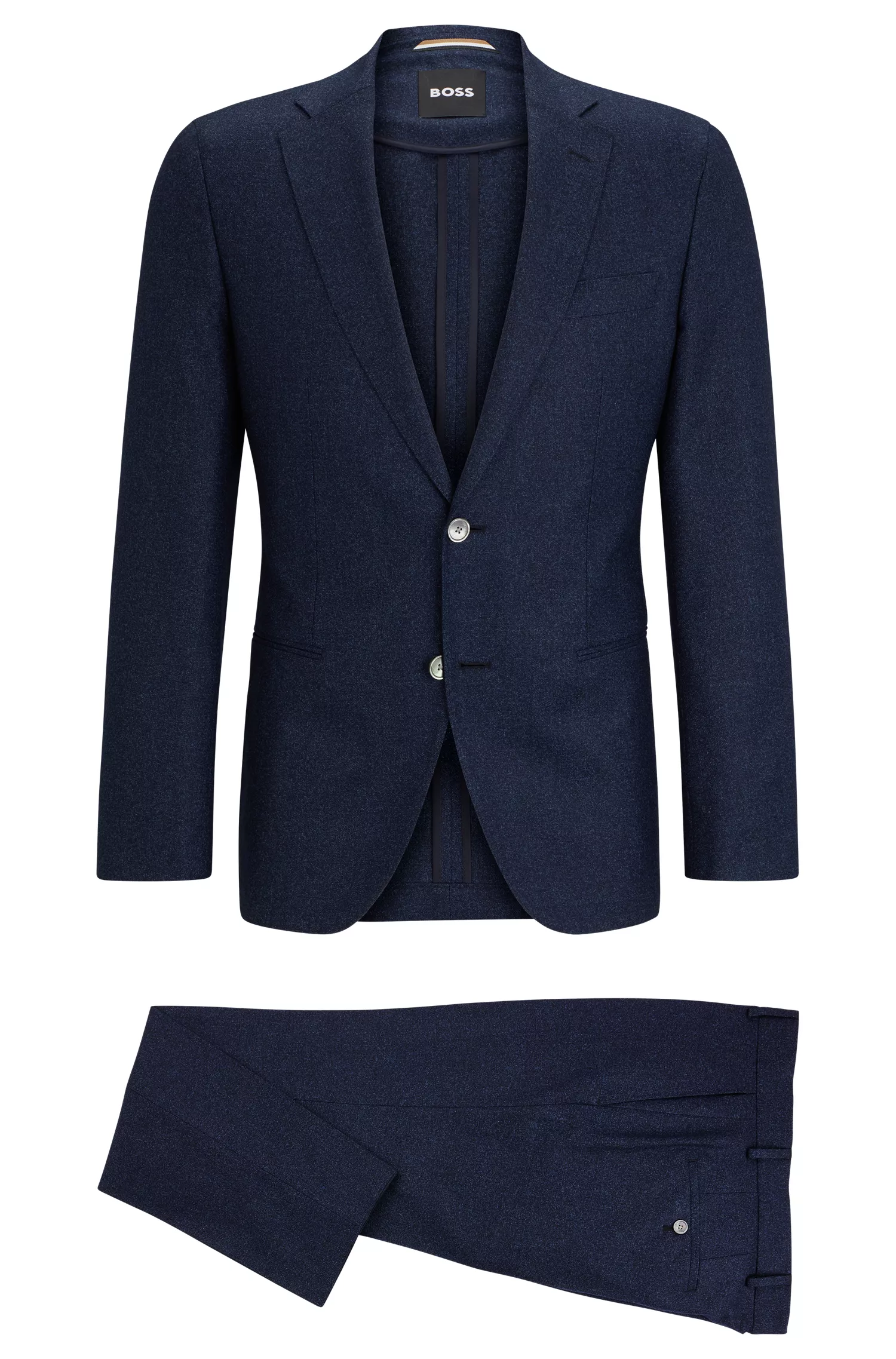 Terno BOSS preto slim fit em lã e algodão com microestampa.