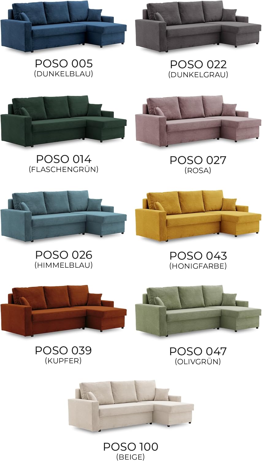 Ecksofa Aikido I 233x90 - mit schlaffunktion - Farben zur Auswahl - modernen Eckcouch - mit Bettkasten - Moderner Cordstoff - Stoff POSO (POSO 047)