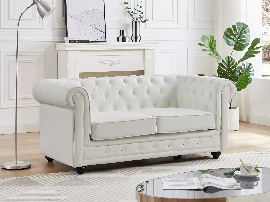 Canapé 2 places en simili blanc CHESTERFIELD