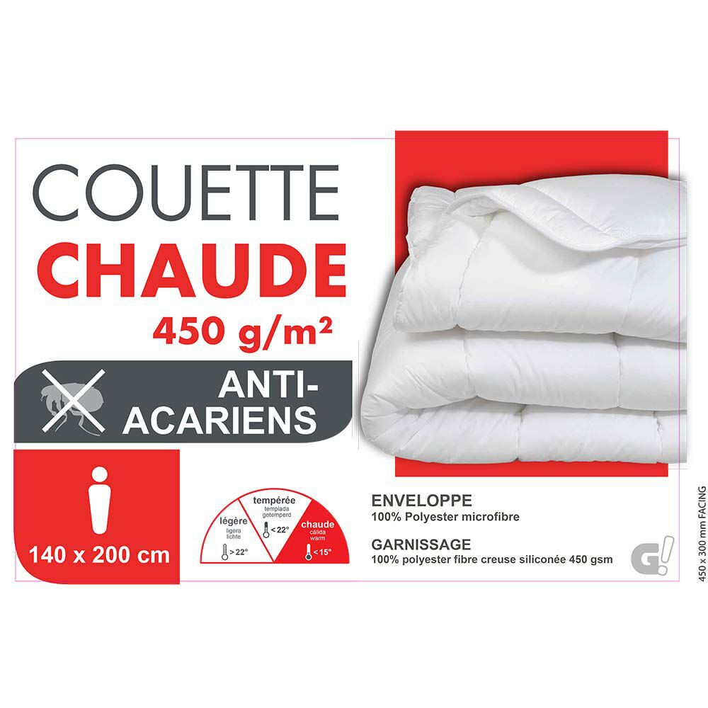 Couette 1 place blanche chaude anti acariens 450 g/m² 140x200 cm