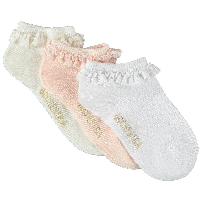 Lot de 3 paires de chaussettes courte avec broderie anglaise pour fille - Blanc