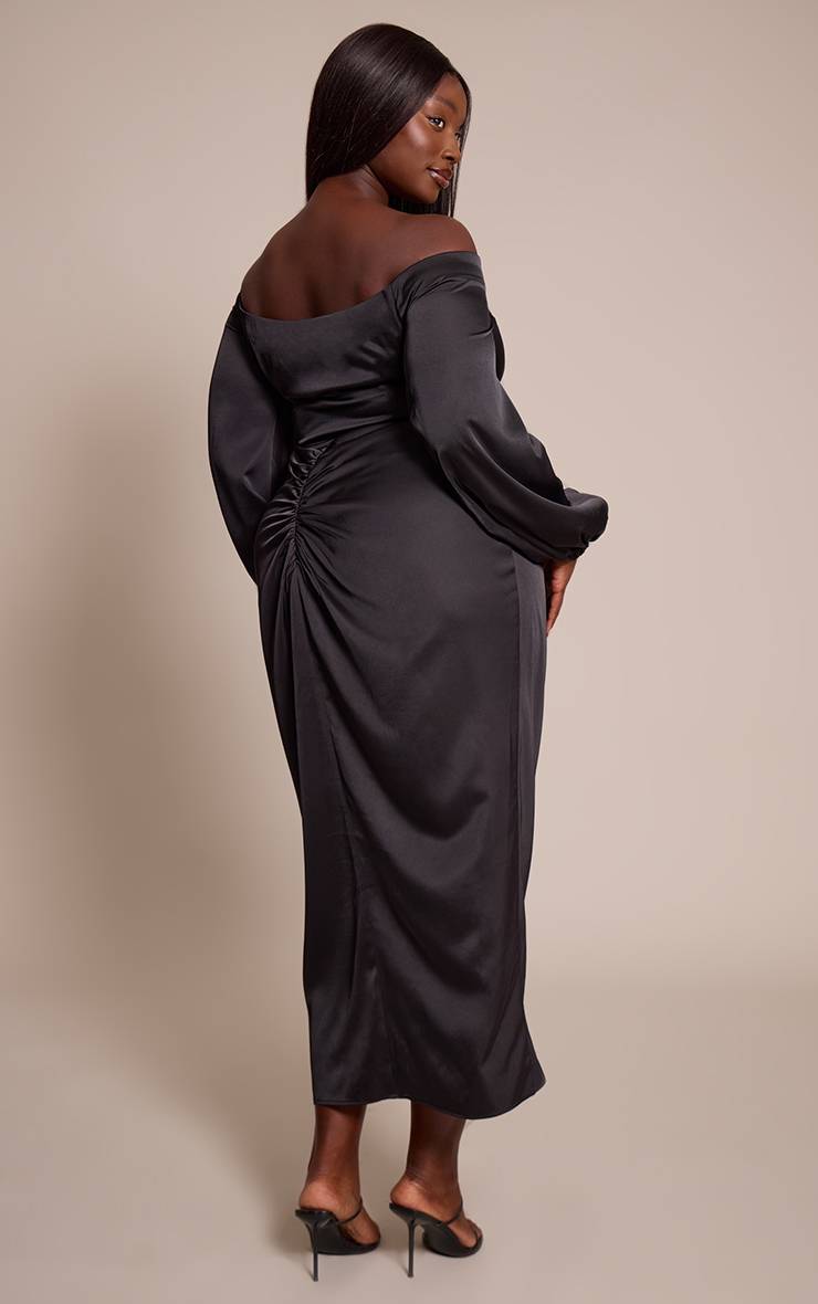 Noir Robe Mi-longue Satinée Grande Taille À Épaules Dénudées Et Fronces Latérales