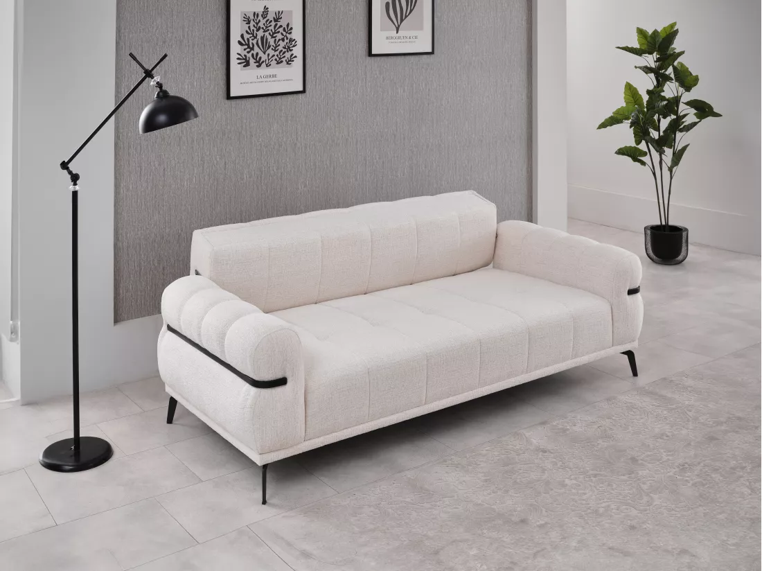 Canapé 3 places en tissu texturé blanc ivoire BELDOJA