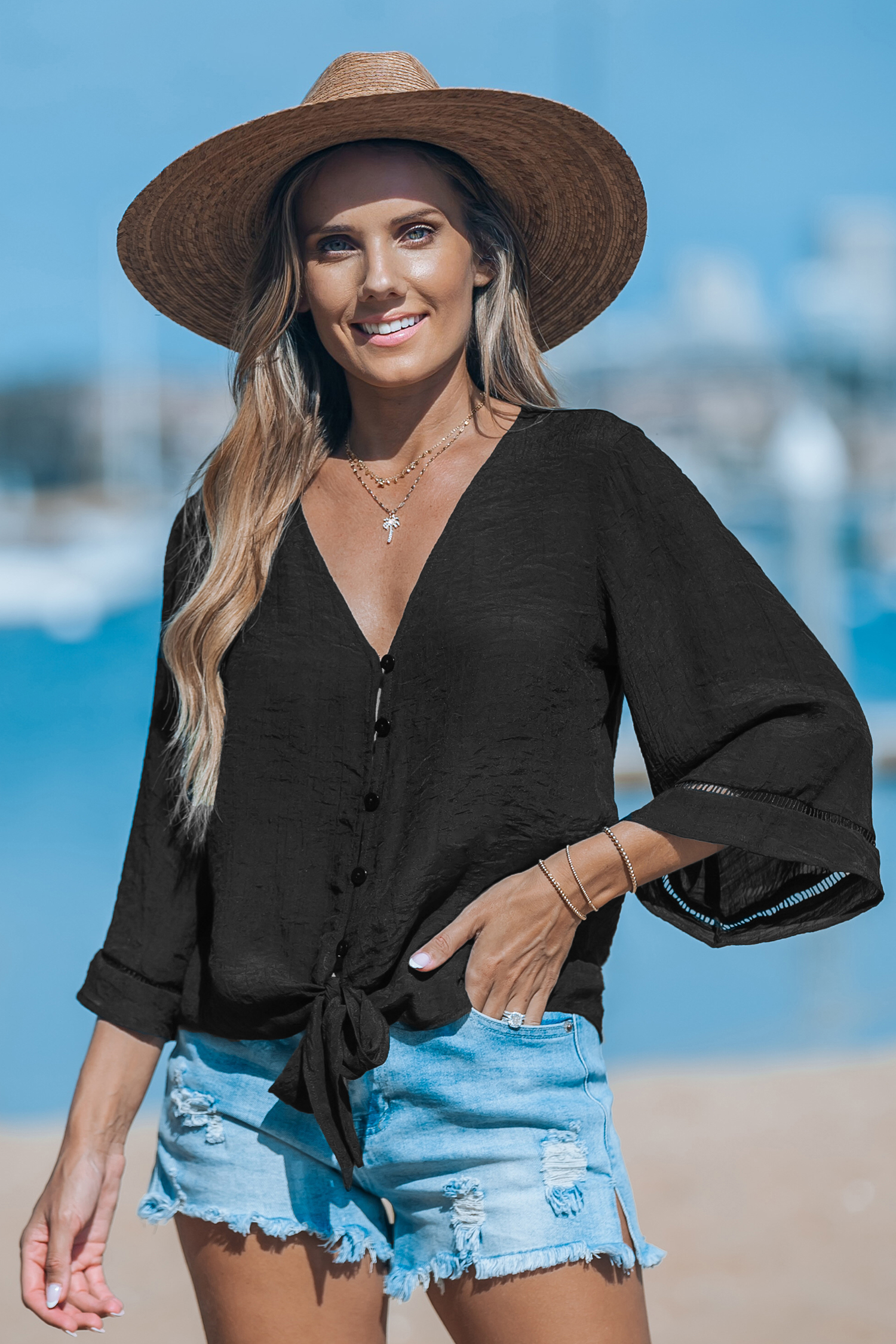 Haut cover up à manches évasées et taille à nouer noir