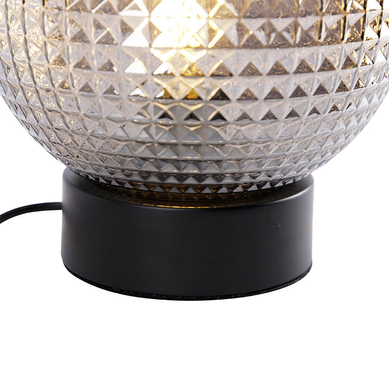 Art Deco tafellamp, zwart met rookglazen bol