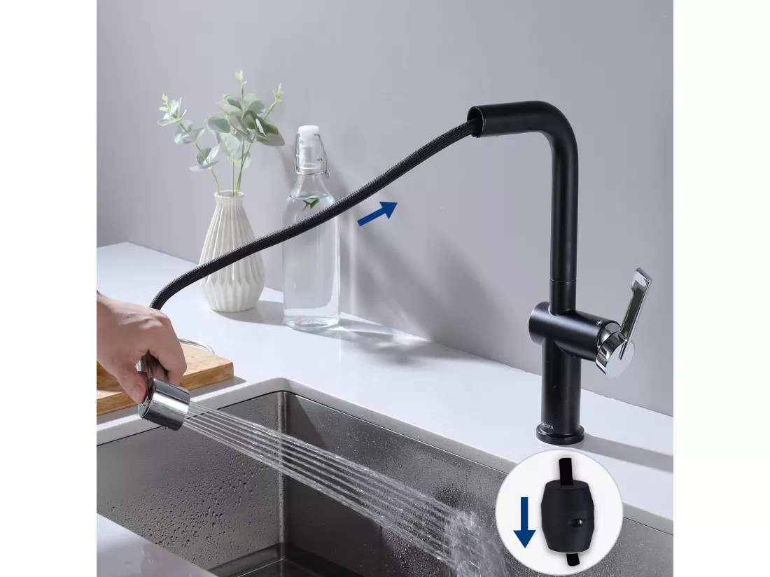 Cecipa max Mitigeur de Cuisine Extractible - Robinet Cuisine à 2 Jets 360 Rotatif - Mitigeur Evier avec Douchette Noir + Galvanique,EU Modèle