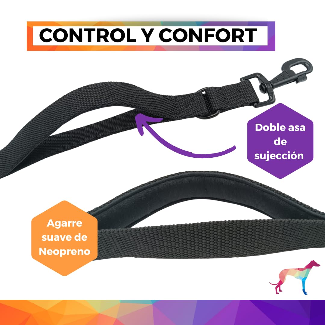 Guia para cães EGV com múltiplas posições e alça dupla de neoprene. Guia para cães que permite o uso com as mãos livres, 2,5 metros de comprimento. (Preta)