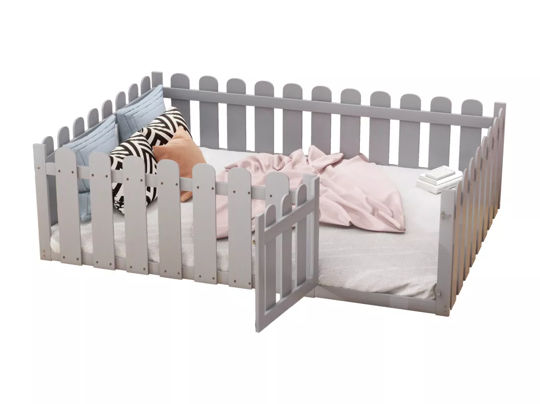 Lit enfant 140x200cm en bois - avec barrière de sécurité - Gris
