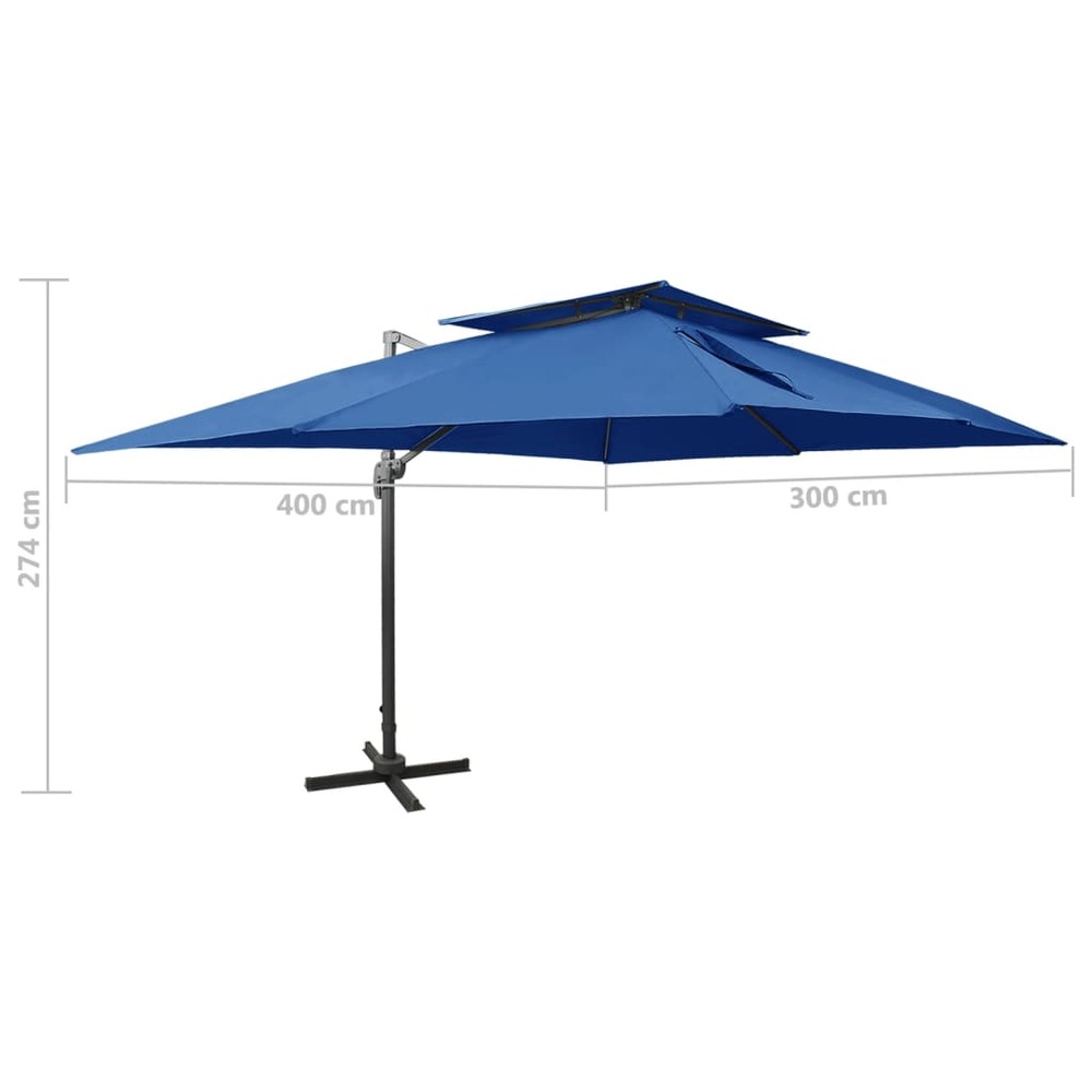 Parasol déporté à double toit 400 x 300 cm bleu