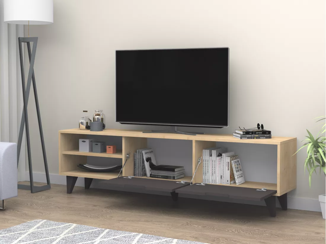 Meuble TV avec 2 portes et 2 niches - Noir et Naturel - CORENIA